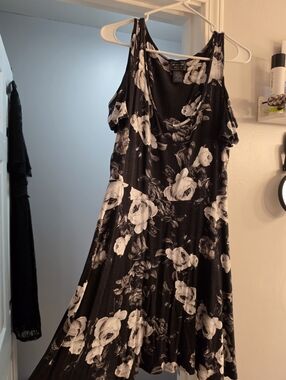 Black & White Floral Cut Shoulder Dress